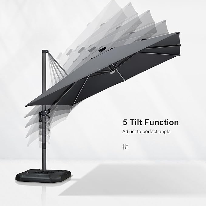 PURPLE LEAF 10 Feet Patio Umbrella Outdoor Cantilever Solar Powered LED Square Umbrella Aluminum Offset Umbrella with 360-degree Rotation for Garden Deck Pool Patio Light Grey PURPLELEAF
