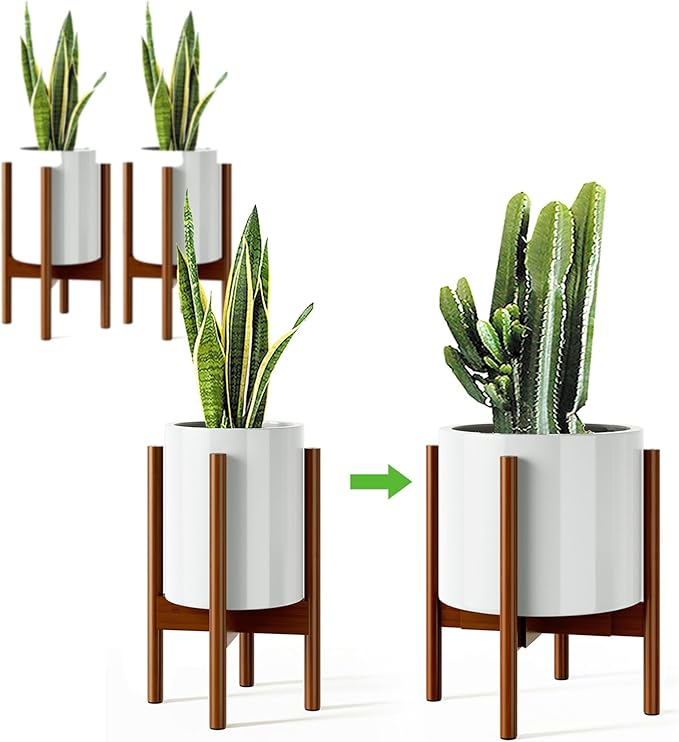 MUDEELA Plant Stand for Indoor Plants: Adjustable Width Fits 8-12 Inch Pots - Mid-century Modern Bamboo Plant Stand - 14.5 Inch Single Tier Small Floor Plant Holder, Dark Brown, 2 Pack (Without Pot) MUDEELA