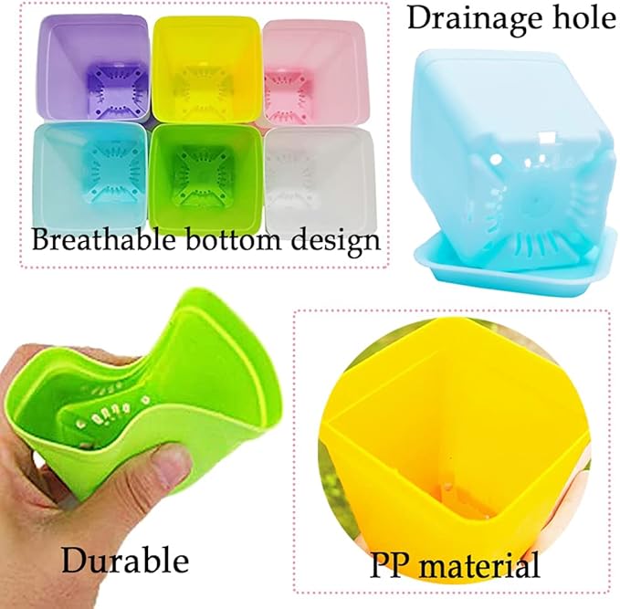 Haawooky 48 PCS 3 Inch Colorful Plastic Plant Pot,Plastic Square Nursery Pots,Seedling Nursery Pots with Saucers for Garden,Home,Office,Balcony Decor,Garden Gifts Haawooky
