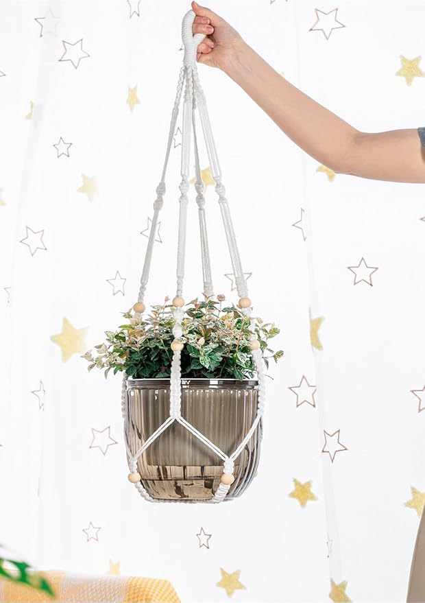 Melphoe Self Watering Hanging Planters for Indoor, 1 Pack 8.3 Inch Outdoor Hanging Plant Pot Basket, 2 Kinds of Plant Hangers Macrame 35.5’’ & Metal Chain 19.6’’ for Garden Home Decor Melphoe