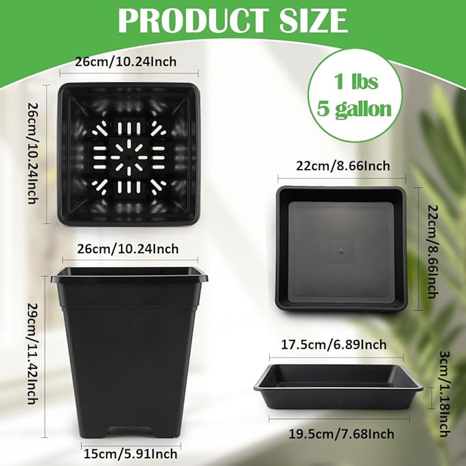 BTPLASTIK Plant Pots 10 Inch Set of 5, Large Square Plastic Planter with Drainage & Saucer, 5 Gallon Thick Outdoor Garden Pots Container for Outdoor Indoor, Flower Pots Planters BTPLASTIK