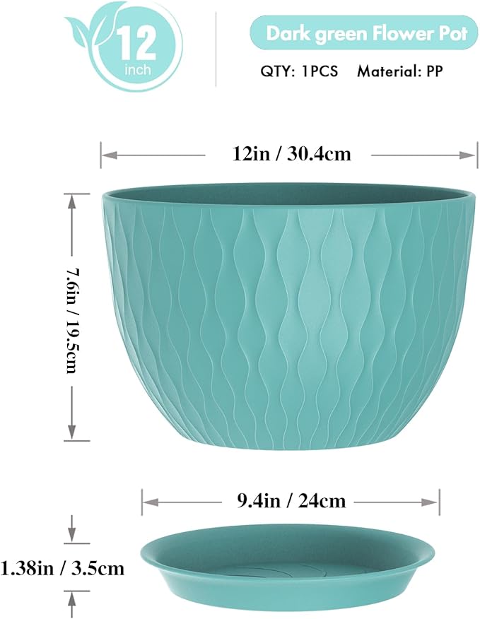12 Inch Large Plant Pots for Indoor or Outdoor Plants, Wide Water Ripples Flower Pots with Drainage Holes & Saucer, Plastic Planters Set for Garden & Home Decor (Blue Green) WSMKSZ