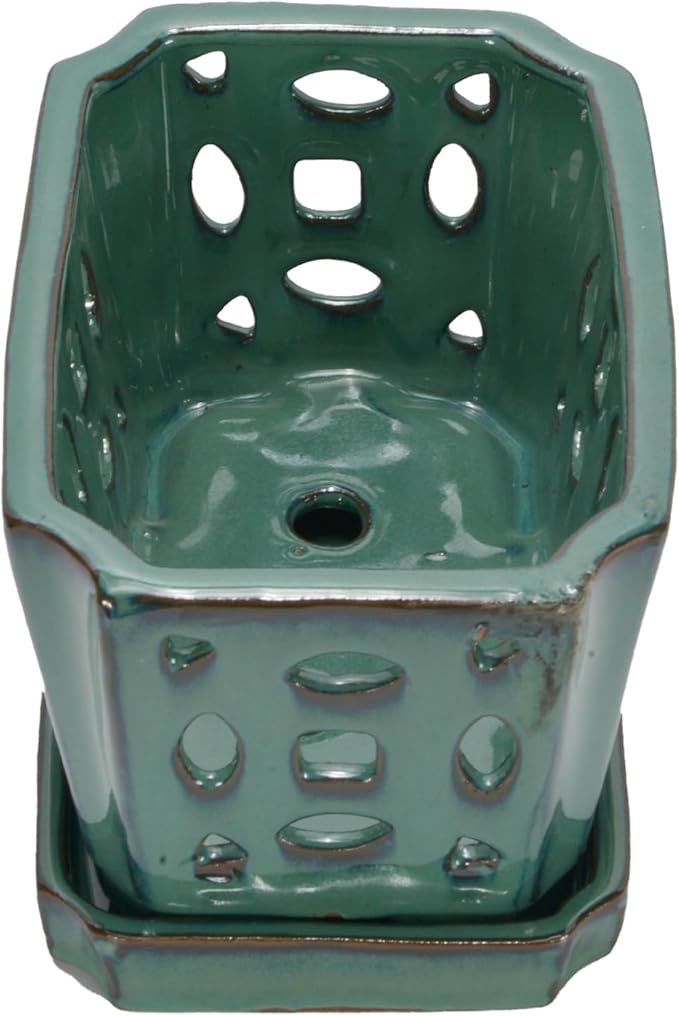 W&W Orchid Pot with Holes and Saucer for Repotting, Green, 9.7 Inches WWHomeDecor