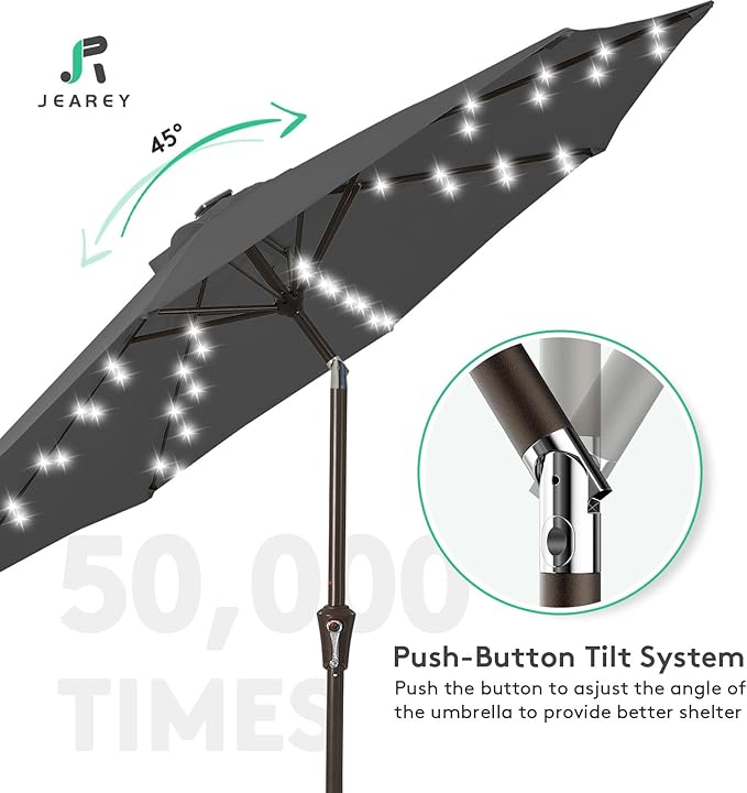 JEAREY 9FT Outdoor Patio Umbrella with Solar Lights, LED Lighted Pool Umbrella with Tilt and Crank, Outdoor Table Umbrellas for Deck, Yard & Market (Dark Gray) JEAREYOutdoorsCollection