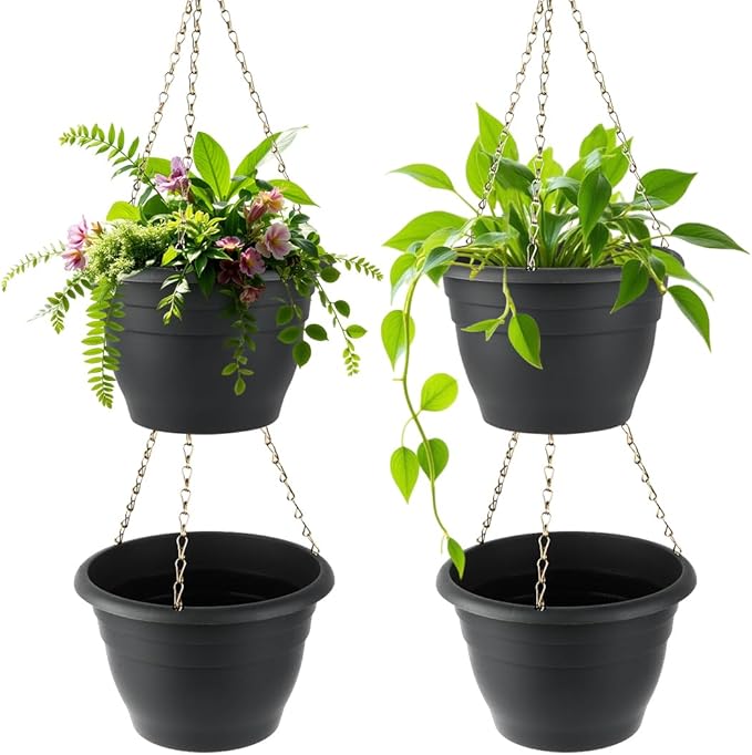 Hanging Planters 10 Inch, 4 Pcs Flower Pots with Drainage Hole, Self Watering Hanging Basket for Indoor Outdoor Plants, Decor, Gray RooTrimmer