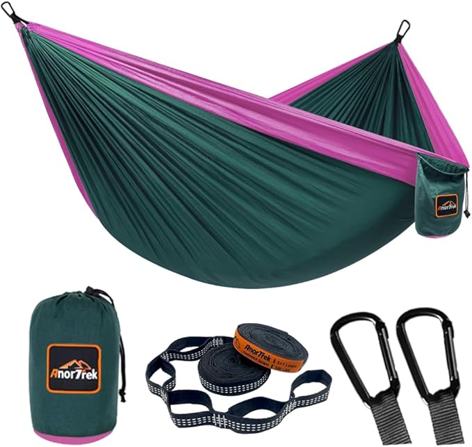 Camping Hammock, Super Lightweight Portable Parachute Hammock with Two Tree Straps Single or Double Nylon Travel Tree Hammocks for Camping Backpacking Hiking AnorTrek