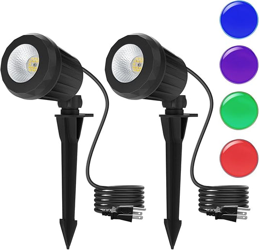 Spotlight Outdoor – 120V Plug-In, 6500K Cool White LED Landscape Lighting with RGB Purple 4 Color Lenses for Yard, Garden, Lawn & Tree Decor on Holidays&Everyday, IP67 Waterproof (2 Pack,Black) Holeva
