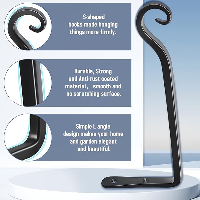 FEED GARDEN Wall Hook Hanging Plant Bracket 10 Inch 2 Pack, Hand-Forged Plant Hanger for Hanging Bird Feeders, Wind Chimes, Flower Baskets, Yoga Mat, Indoor/Outdoor Use, Black FEEDGARDEN