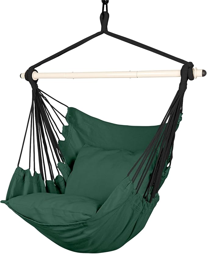 Highwild Hammock Chair Hanging Rope Swing - Max 500 Lbs - 2 Cushions Included - Steel Spreader Bar with Anti-Slip Rings - for Any Indoor or Outdoor Spaces (D- Cushions Included-Green) Highwild