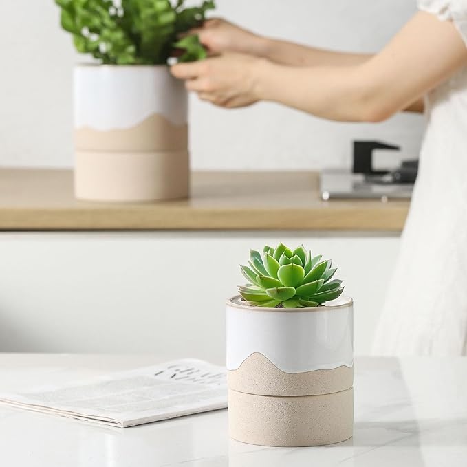 Nihow Self Watering Plant Pot for Indoor Plants: 4.5+6 Inch Ceramic Planter with Drainage Hole & Water Storage Plus - Cylinder Flower Pot with Wick for Herbs -White & Nature Nihow
