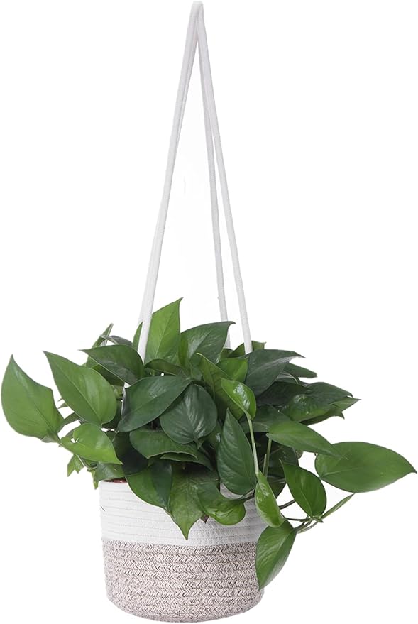 Hanging Planter Basket Jute Rope Woven Plant Hangers Indoor Hanging Plant Holder Up to 7" Pot Macrame Modern Storage Organizer Home Decor (White & Brown) RUIZHIXUAN
