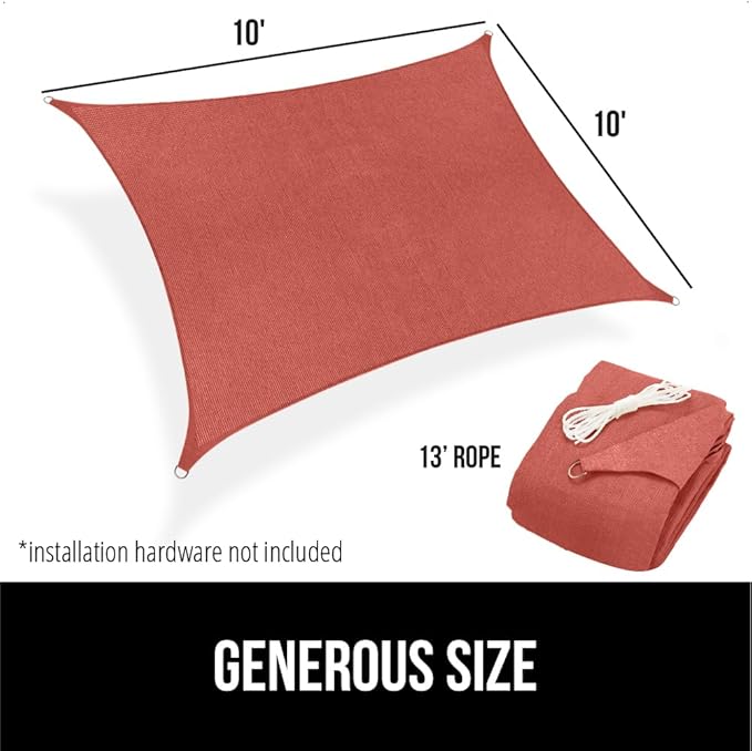 GORILLA GRIP Heavy Duty Sun Shade, UV Protection Fade Tear and Rust Resistant Rectangle Sunshade Canopy, Curved Edges Blocks Sunlight, Breathable Sail, Outdoor Patio, Lawn Garden 10x10 FT Terra GorillaGrip