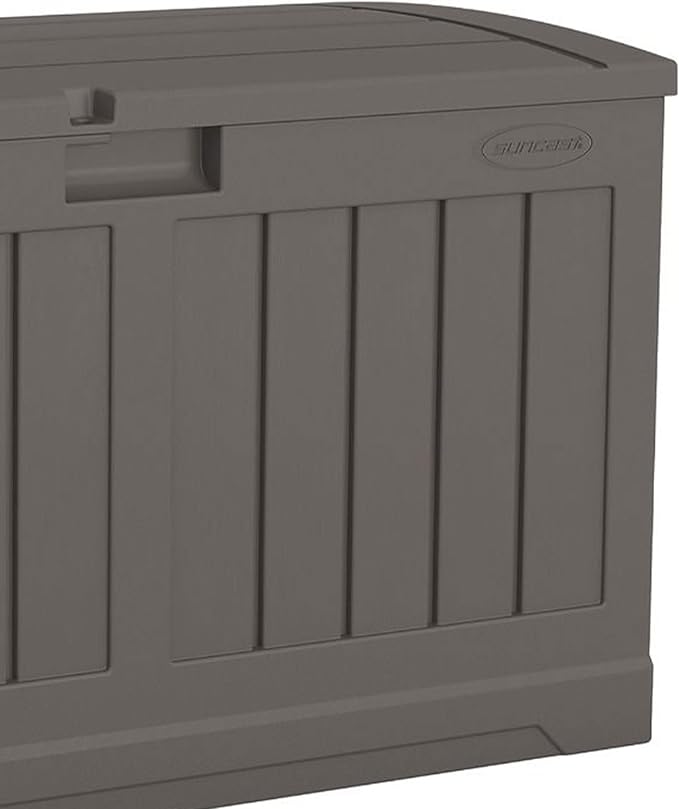 Suncast 50 Gallon Plastic Deck Box with Molded Lockable Feature and Weathertight Construction for Home, Patio, Lawn, and Garden Storage, Gray Suncast