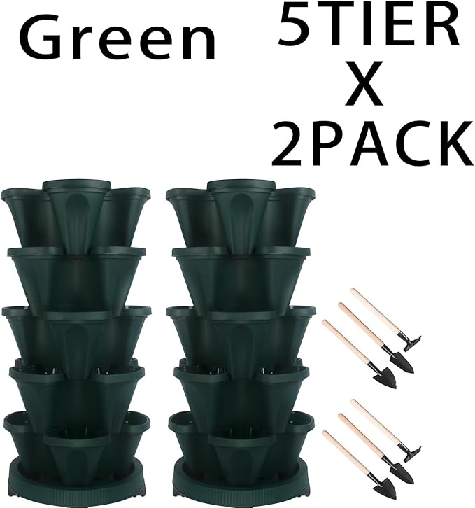 GameXcel Vertical Planter 5 Tier Stackable Planters Garden Planters Strawberry Herb Flower and Vegetable Planter Indoor Outdoor Gardening Pots with Removable Wheels and Tools 2-Pack GameXcel