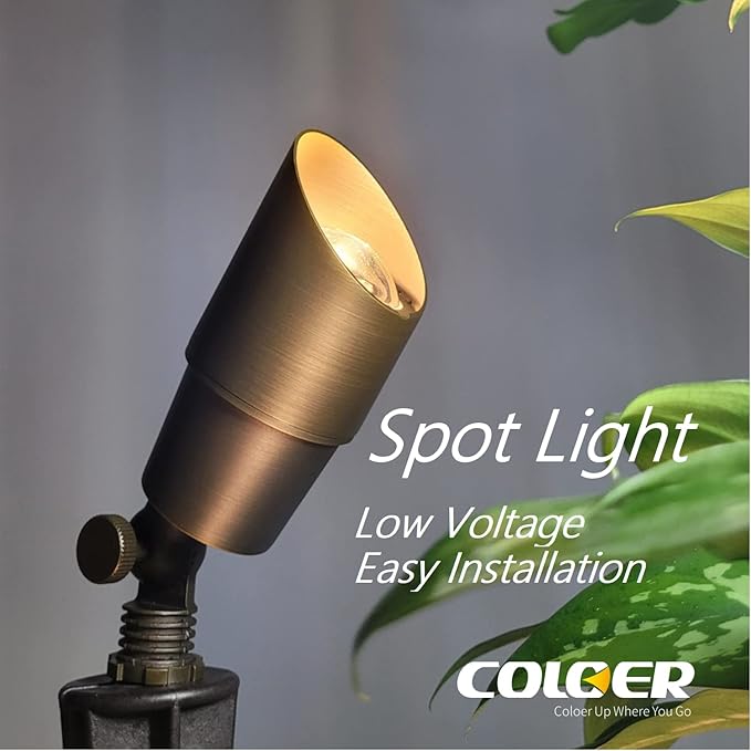 COLOER Die-cast Brass Low Voltage Spotlight 1-Pack with 5W Aluminum Housing MR16 LED Bulb 2700K 450LM CRI85+,12V AC/DC Outdoor Landscape Lighting, Directional Garden Patio Spot Up Light(101B) COLOER