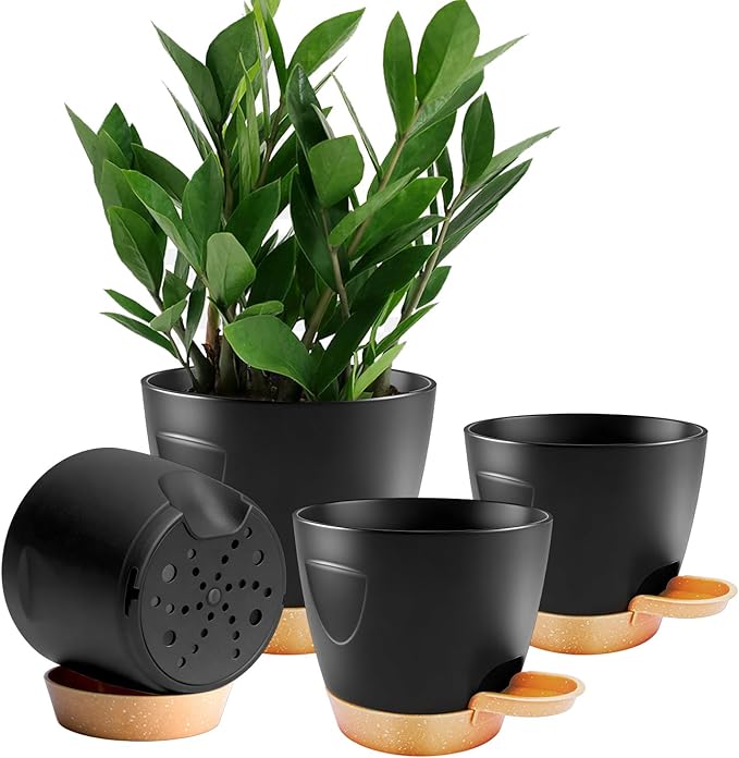 4-Pack Plant Pots with Drainage 6.5/6/5.5/5 Inch, Self Watering Pots for Indoor Plants, Planters for Indoor Outdoor Plants, Plastic Flower Pot, Planter for Indoor Outdoor (Black) Rootora