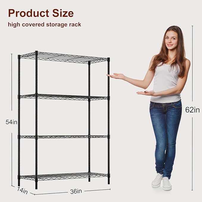 BestOffice | 4-Tier Wire Storage Shelves | 36x14x54 | Black | with Adjustable Racks | Heavy-Duty Metal Shelf, Holds Upto 1000 lbs | No-Tool Assembly | Ideal for Home & Garage Shelving BestOffice