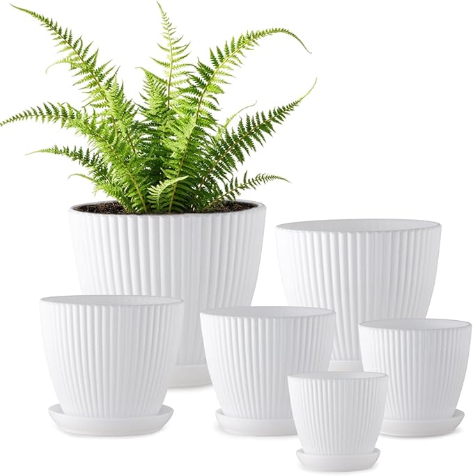 7.5/6.5/5.5/4.9/4.2/3.5 Inch Plant Pots with Drainage Holes and Saucer, Plastic Flower Pots for Indoor Plants, Lightweight Planter Pots for Plants, White RooTrimmer