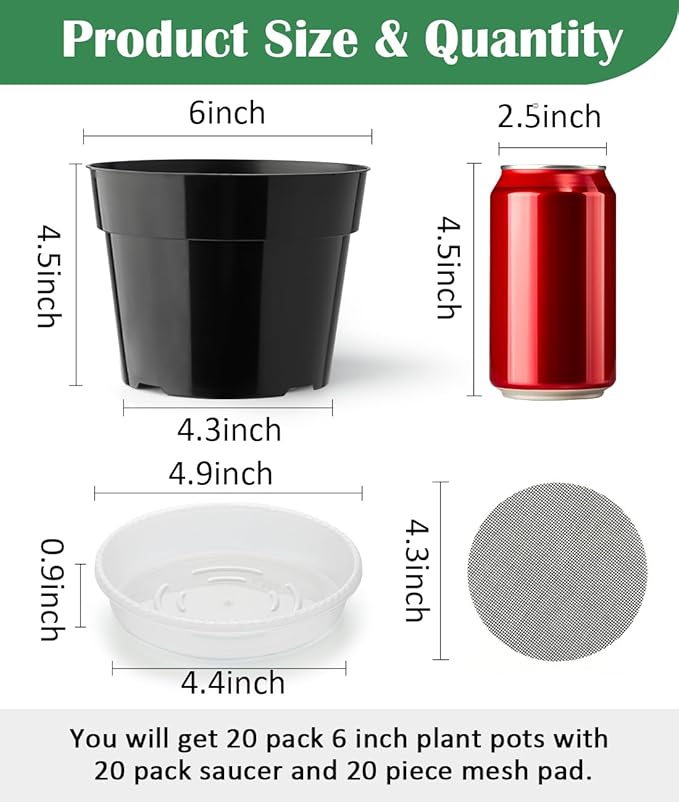 20 Pack Plant Pots, 6 Inch Plastic Plant Planter with Saucers and Mesh Mats, Durable Flower Pots with Drainage Holes Perfect for Indoor Outdoor, Black RooTrimmer