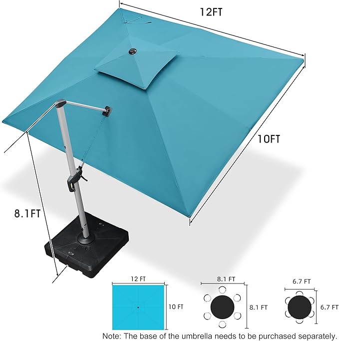 PURPLE LEAF 10' X 12' Patio Umbrella Outdoor Rectangle Umbrella Large Cantilever Umbrella Windproof Offset Heavy Duty Sun for Garden Deck Pool Patio, Turquoise Blue PURPLELEAF