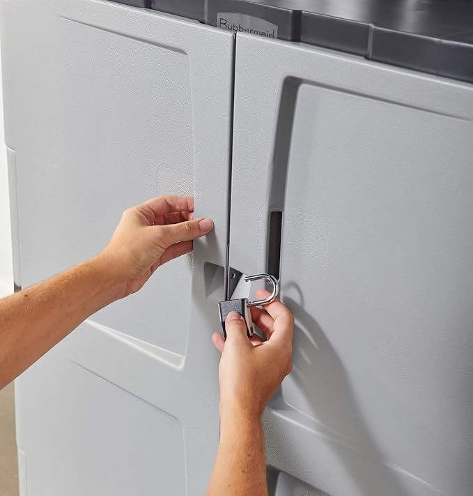 Rubbermaid Freestanding Storage Cabinet with Doors 18"D x 36"W x 37"H Medium Gray/Black Two-Shelf Lockable Cabinet for Indoor/Outdoor/Garage Storage for Garden Tools/Lawn Care Accessories Rubbermaid