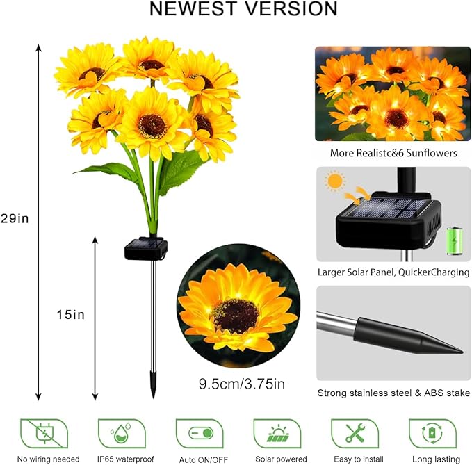 Solar Sunflower Lights 4 Pack with 24 Sunflower Solar Lights Outdoor Garden Decor Birthday Gift for Mom Women Grandma,Waterproof Solar Flower Garden Stake Lights for Yard Landscape Patio Lawn Pathway YJFWAL