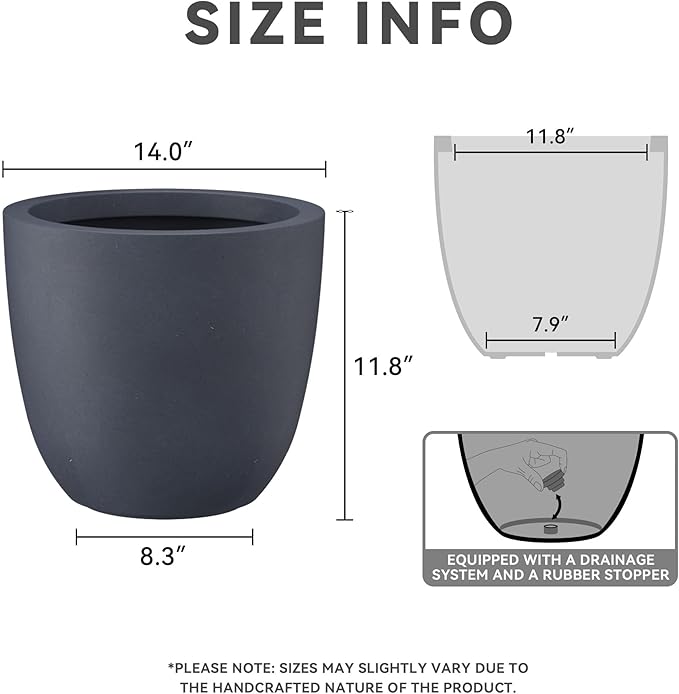Kante 14 Inch Dia Round Concrete Planter, Indoor Outdoor Large Plant Pot with Drainage Hole and Rubber Plug for Home Patio Garden, Dark Gray Kante