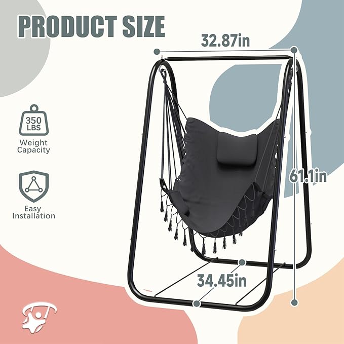 G TALECO GEAR Hammock Chair with Stand,Heavy-Duty and Rustproof Hanging Chair with Stand,Hammock Swing Chair Stand,for Indoor Outdoor Patio Yard Garden Porch (Grey) TalecoGear