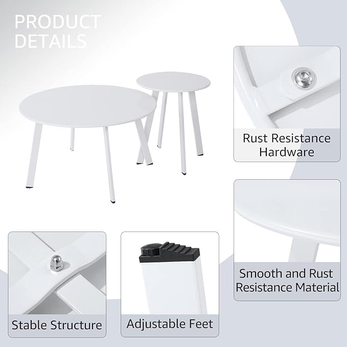 Patio Outdoor Coffee Table Set of 2 - Weather Resistant Outdoor Round End Table Modern Coffee Tables for Living Room Balcony Home Office (White) Juserox