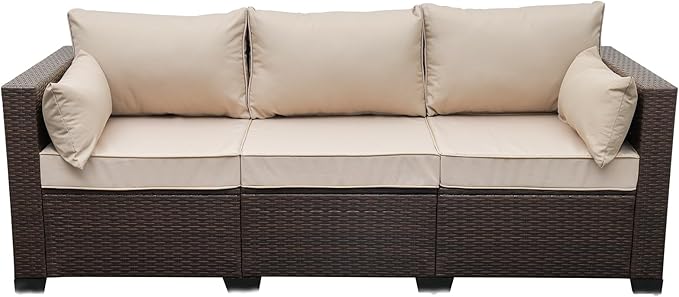 WAROOM Patio Couch PE Rattan 3-Seat Outdoor Sofa Brown Wicker Furniture Set Deep Seating with Anti-Slip Beige Cushion WAROOM
