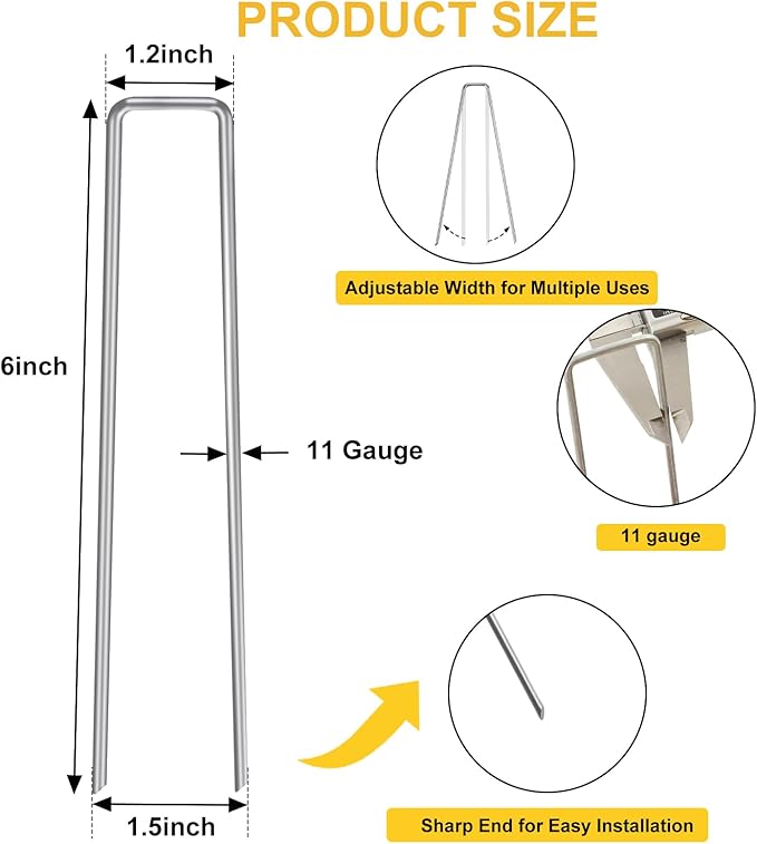 HongWay 100 Pack 6 Inch Landscape Staples, Galvanized Garden Stakes 11 Gauge U-shaped Tent Stakes Yard Pins Plant Cover Stakes Ground Staples for Landscaping Fabric, Lawn, Turf, Fence, Irrigation Hose HongWay