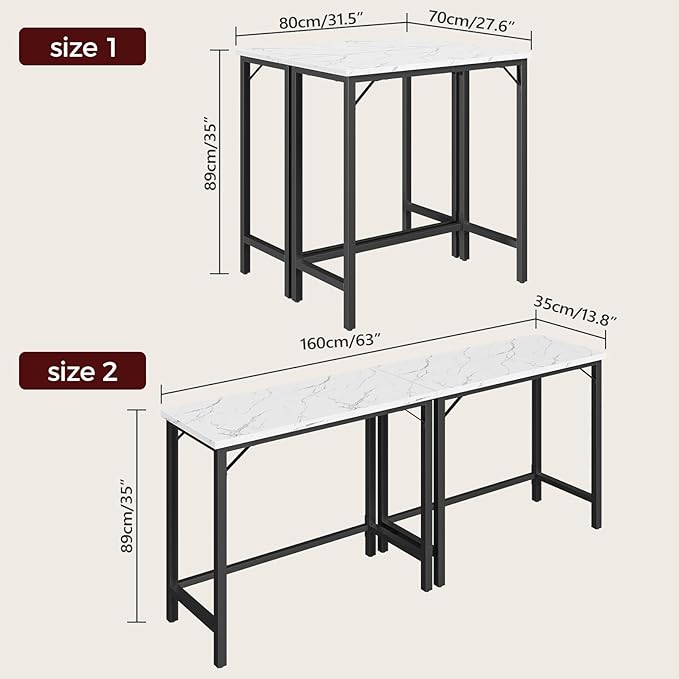 Narrow Bar Table, 63-Inch Pub Table for Dining Room, Counter Bar Tables with Sturdy Metal Frame, Connectable Bar Table, Multifunctional Console Table, Marble and Black BTHM1601 MAHANCRIS