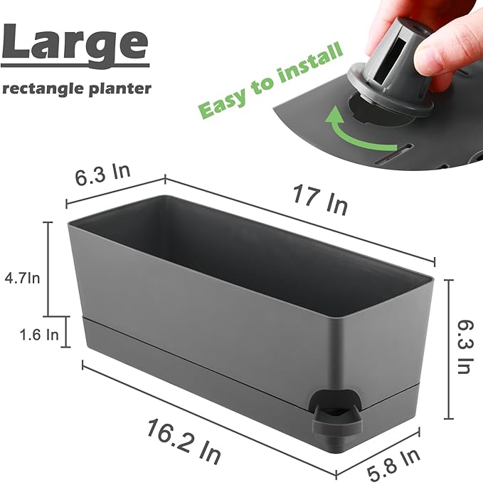 4 Pack Self Watering Pots for Indoor Plants 17 Inches Window Boxes Planters Rectangular Flower Pots Rectangle Herb Pots Large Plant Pots with Drainage Holes and Saucers Windowsill Planter, Grey KvyusFlourish
