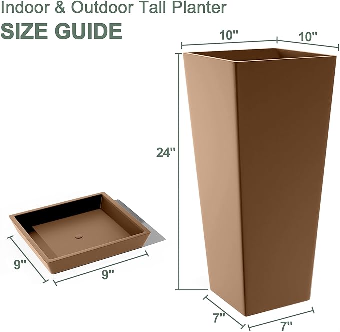 Set of 2 Large Planters for Outdoor Plants 24" Tall Tapered Modern Flower Pots with Drainage Tray for Garden, Patio, Porch (Brown) PolarcoForgeco