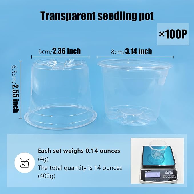 Clear Seedling pots 100-Pack 3.2 Inches Round for Seeds Starter Pots, Seeds Germination Transparent Clean Pots with Drainage Holes(100 Pcs, 3.14Inch) RooTrimmer