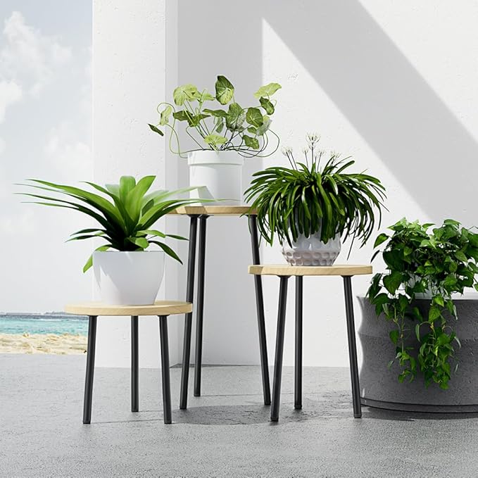Plant Stand Indoor Tall: Corner Wood Plant Stand 2 Pack Mid Century Modern Decor - Small Round Plant Table for Indoor Plants - Outdoor Plant Holder for Patio Living Room Bathroom Office (Burlywood) SAKSUNFORYOU