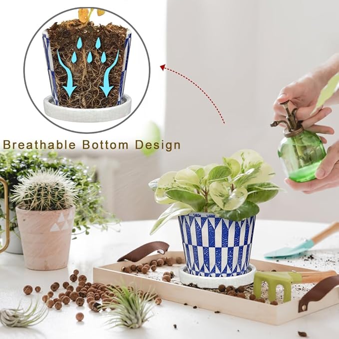 Small Ceramic Pots for Plants, 4.7 inch Blue and White Plant Pot Indoor with Drainage & Saucer Set of 3 Ceramic Planters for Indoor Plants Succulent Pot Decorative Flower Pots for Cactus, Orchid, Herb Oairse