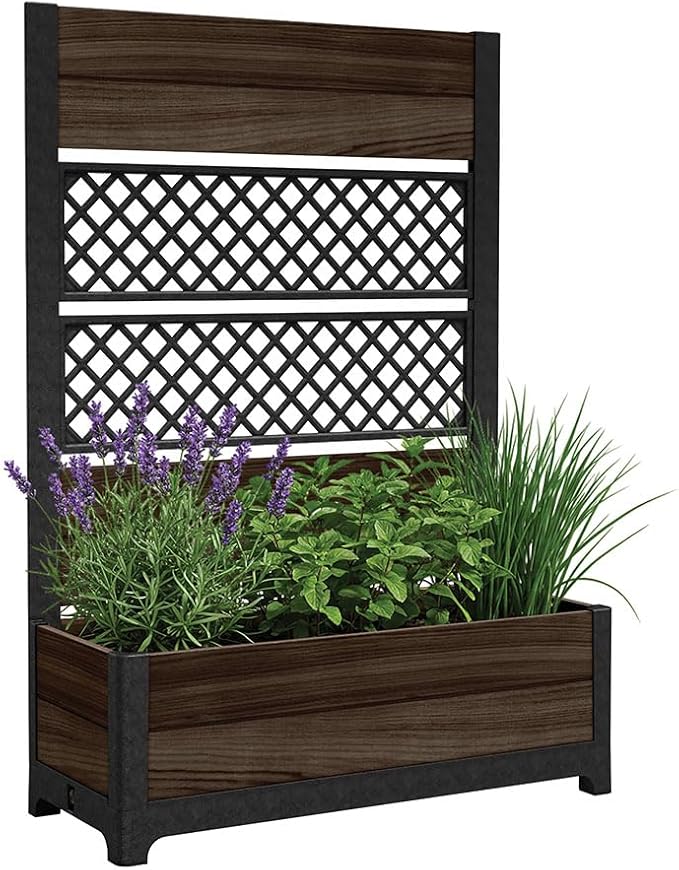 Keter Outdoor Planter Box with Privacy Screen and Trellis – 26 Gallon Raised Garden Bed for Climbing Plants & Flowers – Wood-Look Resin, Weather-Resistant Divider for Patio, Balcony & Backyard Keter