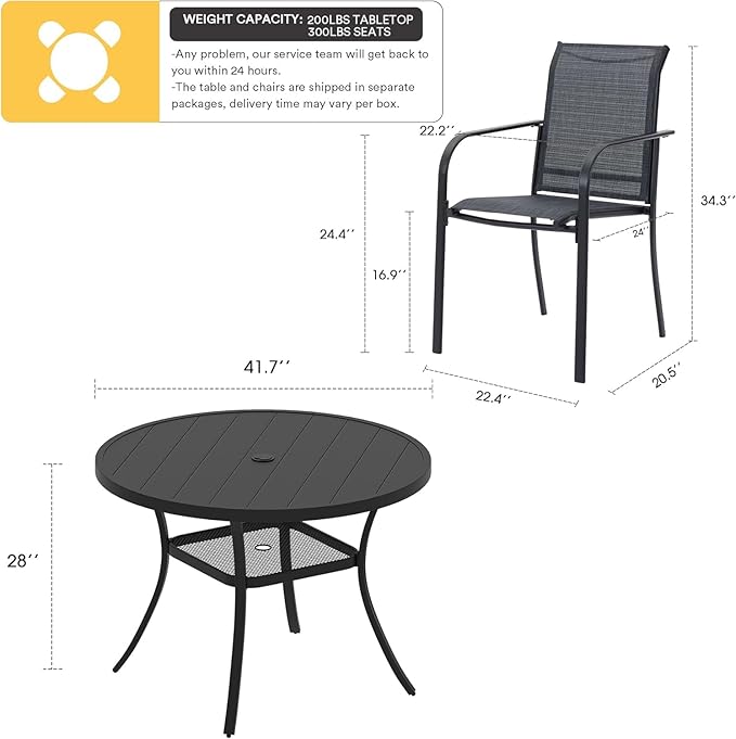 VICLLAX 5 Pieces Patio Dining Set, Outdoor Furniture Set Includes 41.2" Round Patio Table and 4 Patio Sling Chairs, Black Tabletop and Dark Grey Fabric HOME