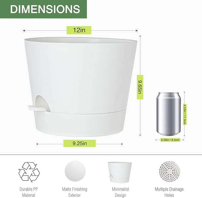 12inch Large Self Watering Plant Pot, Plastic Cylinder Planter with 60Oz Deep Reservoir and Saucer for Indoor Outdoor Plants Flowers Houseplants, White SwinDuck