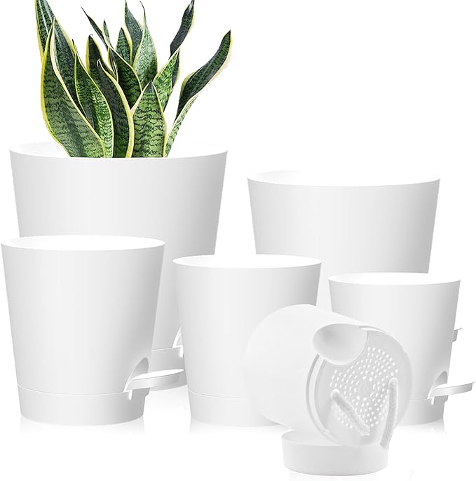 Self Watering Pots, 7/6.5/6/5.5/5/4 inch Flower Pots with Multi Mesh Drainage Holes, Small Platic Planters for Indoor Outdoor Garden Plants and Flowers (White, 7"+6.5"+6"+5.5"+5"+4") Rootora