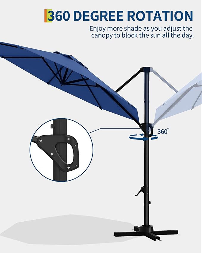 GarveeLife 10 ft Patio Umbrella Outdoor Large Cantilever Umbrella w/Base Included Market Sun Shade Windproof Offset Umbrella with 360-Degree Rotation for Garden Deck Pool Patio, Navy Blue GarveeLife