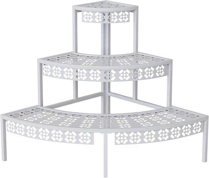 3 Tier Plant Stand Semi-Circular Flower Pot Organizer Rack Quarter Round Plant Display Holder Outdoor Storage Shelves Metal Corner Shelf Planter Shelving Ladder Plant Stand for Indoor Use(White) Garden4you