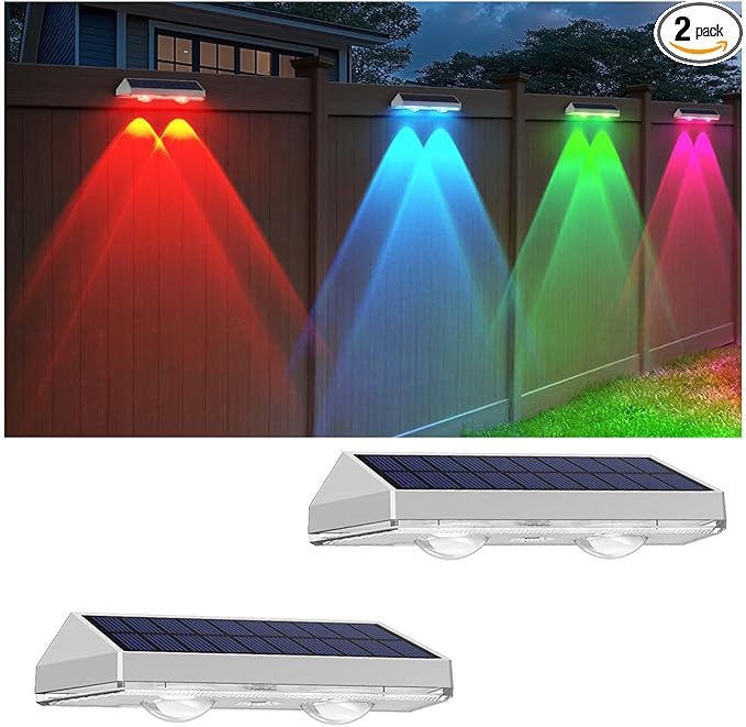 2 Pack Solar Fence Lights Outdoor, 2PK Solar Outdoor Light Warm White & RGB Solar Powered Lights for Outside Backyard, Patio, Deck Fence, Stair Handrail, Pool and Wall LIANGLOME