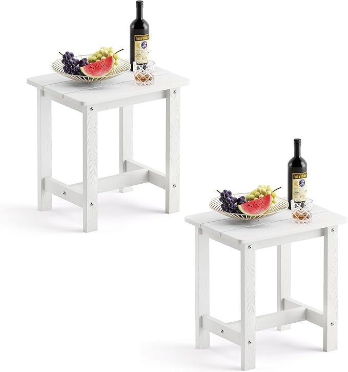 LUE BONA Outdoor Side Table Set of 2, HDPS Small Outdoor Table, Adirondack Side Table, Outside End Table for Patio, Porch, Deck, Pool, Weather Resistant/Easy Maintenance/Indoor or Outside Use, White LUEBONA