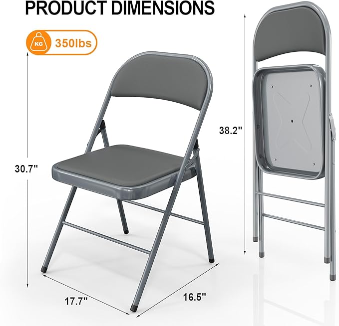 VINGLI 8 Pack Folding Chairs with Padded Seats, Metal Frame with Pu Leather Seat & Back, Capacity 350 lbs, Gray VINGLI