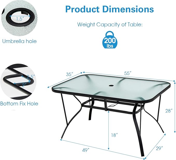 Tangkula 55" Patio Dining Table for 6, Rectangle Outdoor Dining Table with Tempered Glass Tabletop, Umbrella Hole & Metal Frame, 6-Person Outside Dining Table for Backyard, Lawn, Deck & Poolside TANGKULA