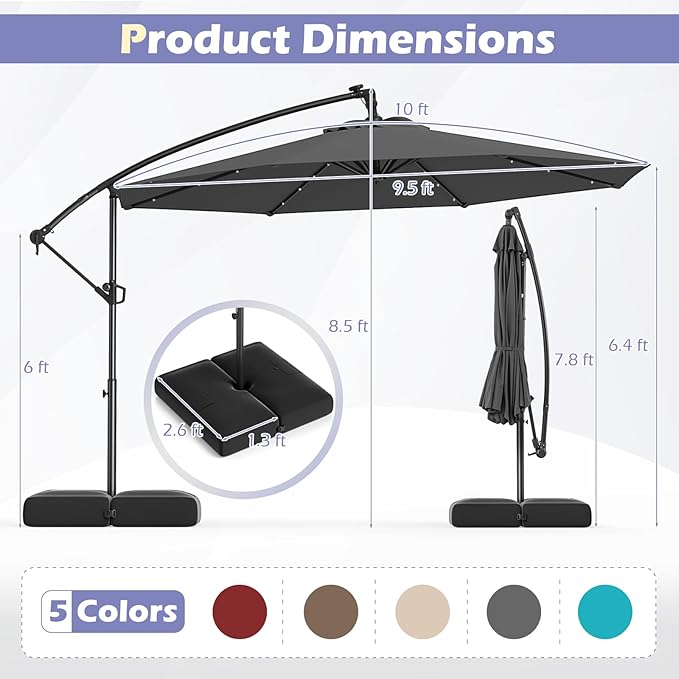 Tangkula 10ft Solar LED Patio Umbrella with Base, Offset Cantilever Outdoor Umbrella with 32 LED Lights, Infinite Tilt, 360 Degree Rotation, Crank Handle for Pool Deck Garden Backyard (Gray) TANGKULA