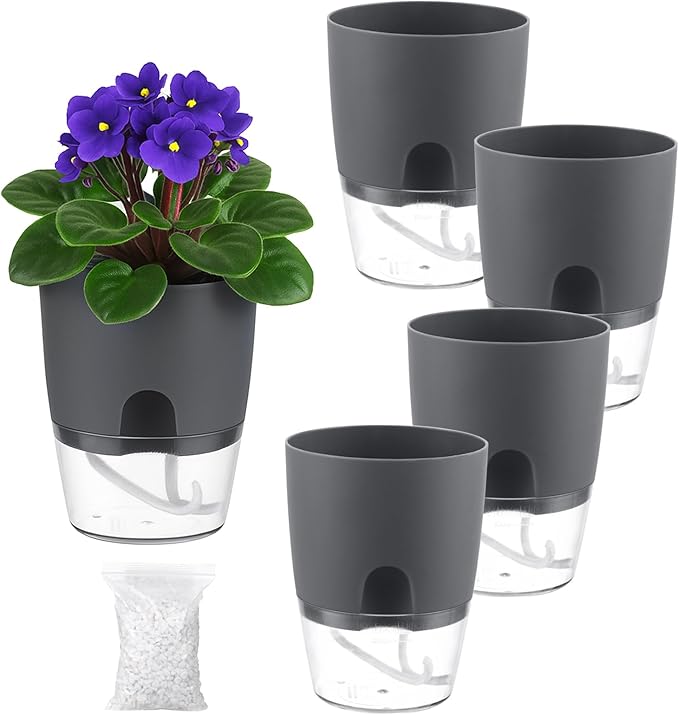 5 Pack Self Watering Pots for Indoor Plants, PlanterHoma 4 Inch Plant Pot Plastic Self Watering Planter for Orchid, African Violet, Small Clear Flower Pots with Drainage Holes and Wicking Rope, Grey Planterhoma