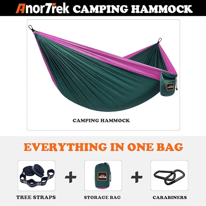 Camping Hammock, Super Lightweight Portable Parachute Hammock with Two Tree Straps Single or Double Nylon Travel Tree Hammocks for Camping Backpacking Hiking AnorTrek